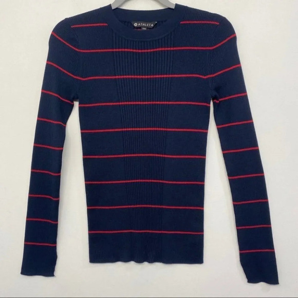 Athleta Bayside Sweater in Navy and Red Stripe XXS Wool Blend - Picture 4 of 9